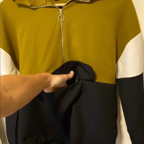 Olive Green Black White Colour block Hoodie Sweatshirt - Picture 3 of 5